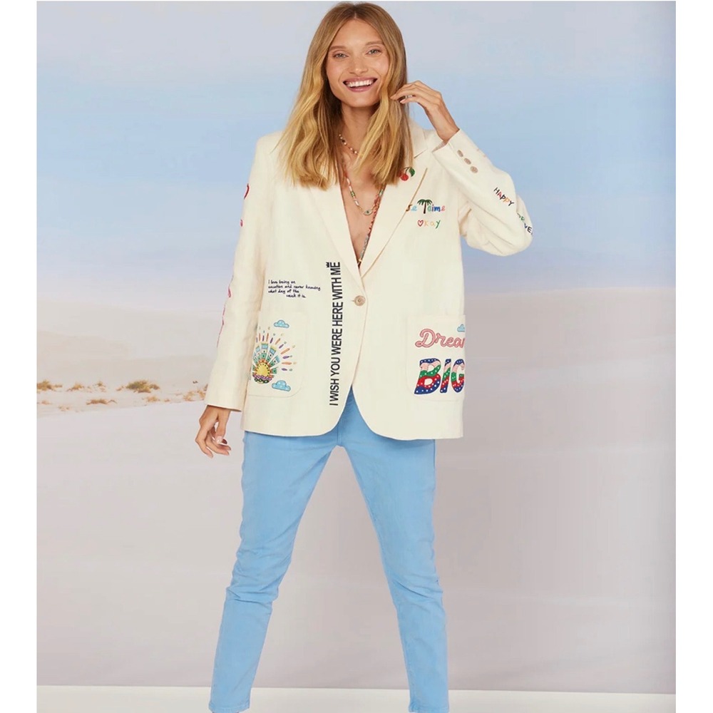 $589 ME369 Fraya Sand Jacket Embroidered Mermaid Denim Blazer Cream Large NWOT